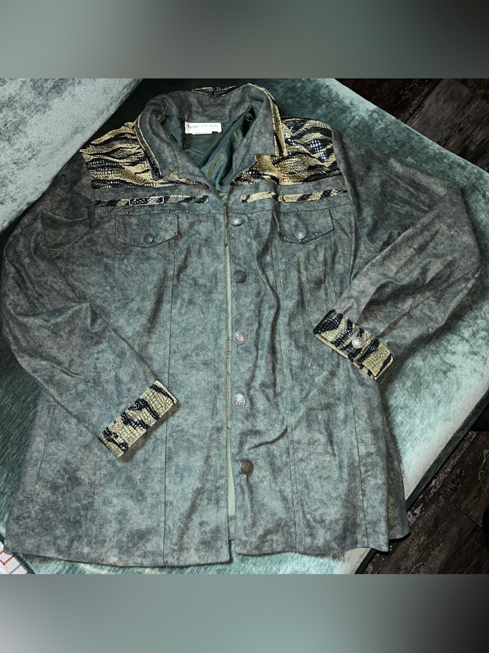 Vintage Nancy Bolen Embellished Green Suede Jacket
